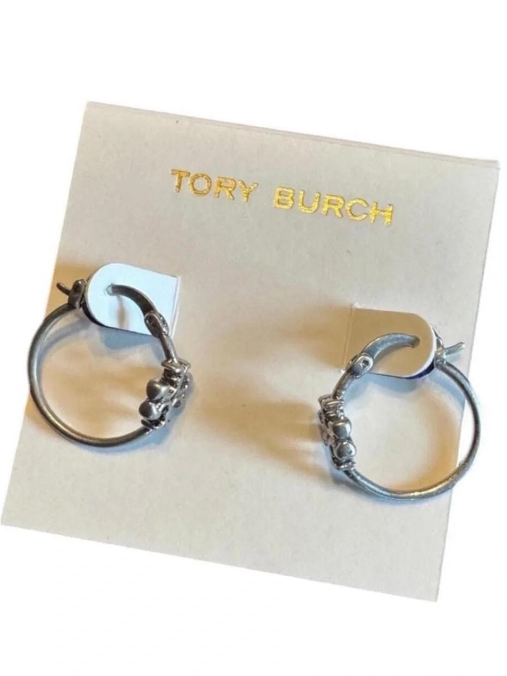 Tory Burch Silver Double T Logo Hoop Earrings NWT w Card